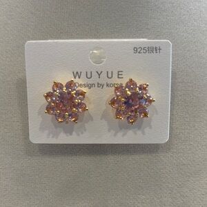 Pink CZ Gold and Pink Flower Earrings NWT